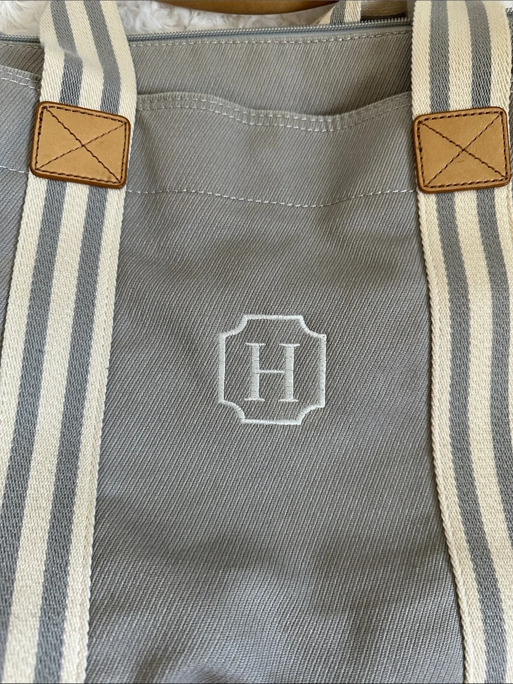 Pottery Barn Kids Monogram Canvas Diaper Bag in Gray with Striped Handles